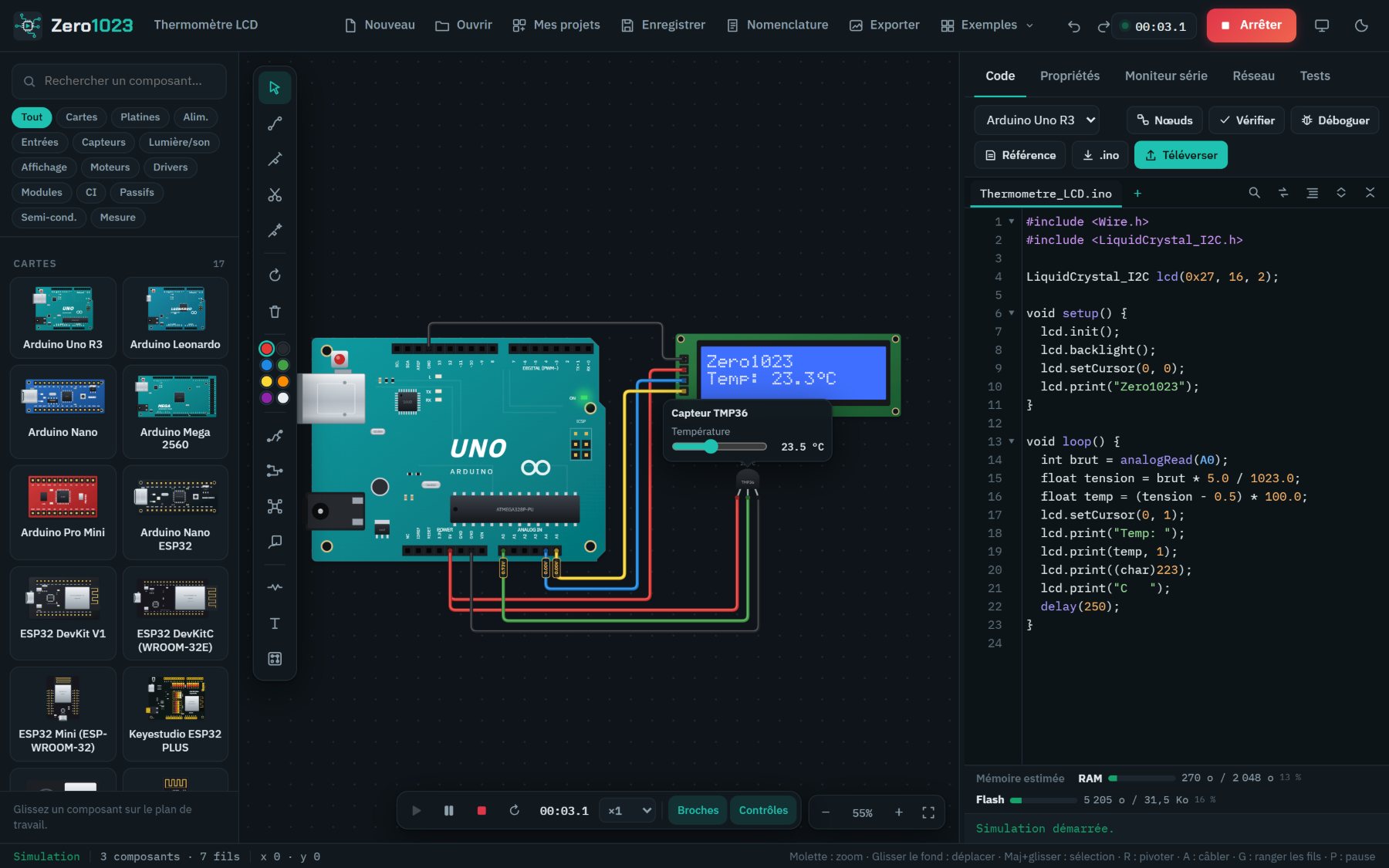L’interface de Zero1023 : bibliothèque de composants, montage Arduino avec écran LCD, code et simulation